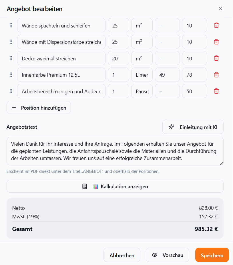 Meisterio Angebot bearbeiten – Maler Software