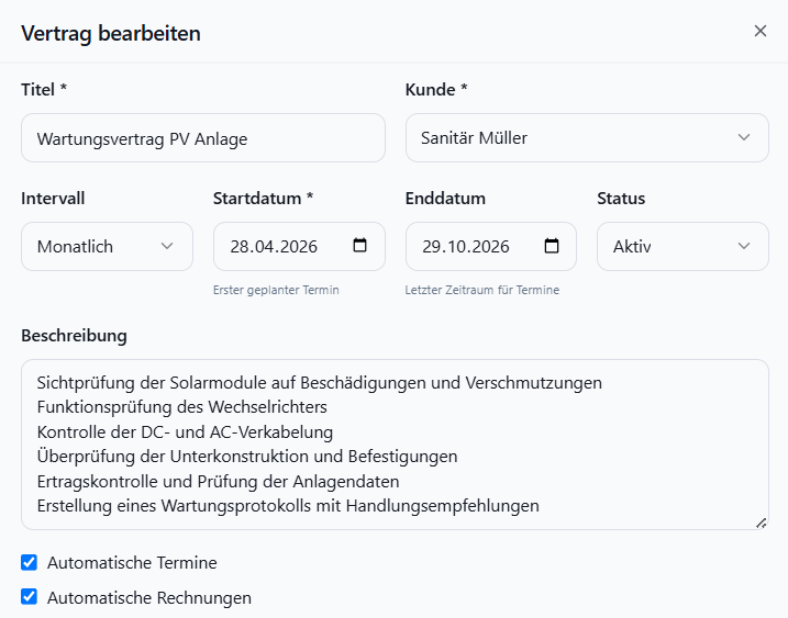 Meisterio Wartungsvertrag bearbeiten – Intervall, automatische Termine und Rechnungen