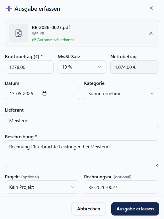 KI-Belegerkennung – Dialog Ausgabe erfassen mit vorausgefüllten Feldern