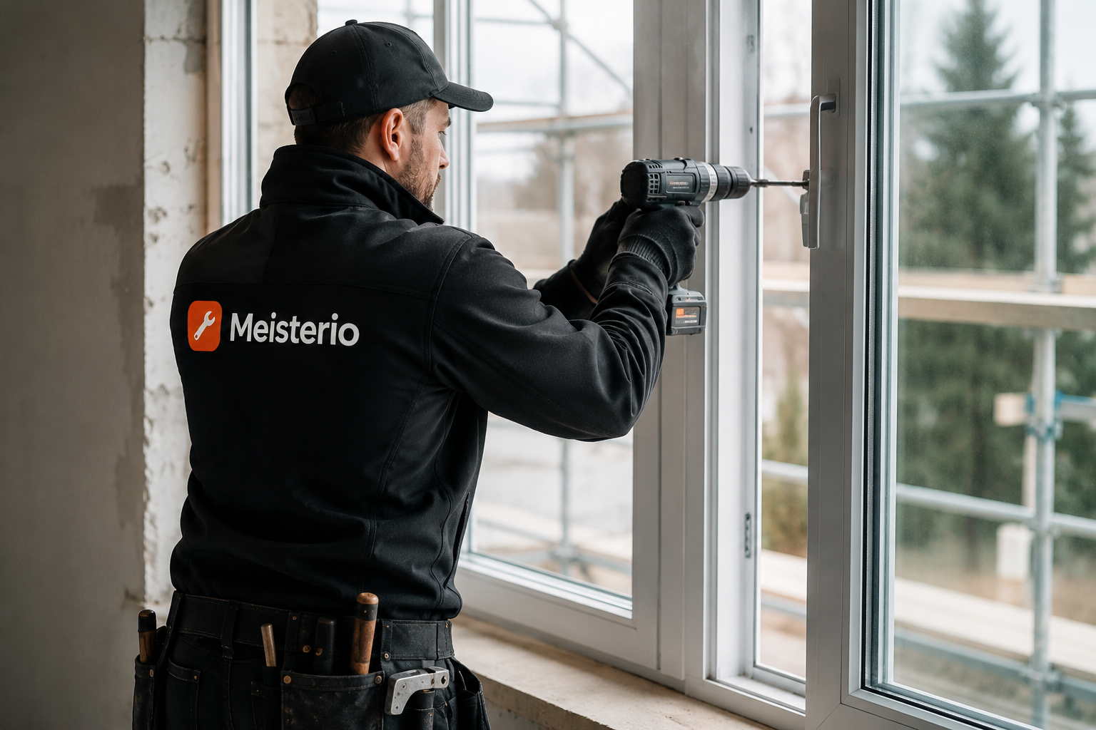 Fensterbauer mit Meisterio Logo bei der Fenstermontage