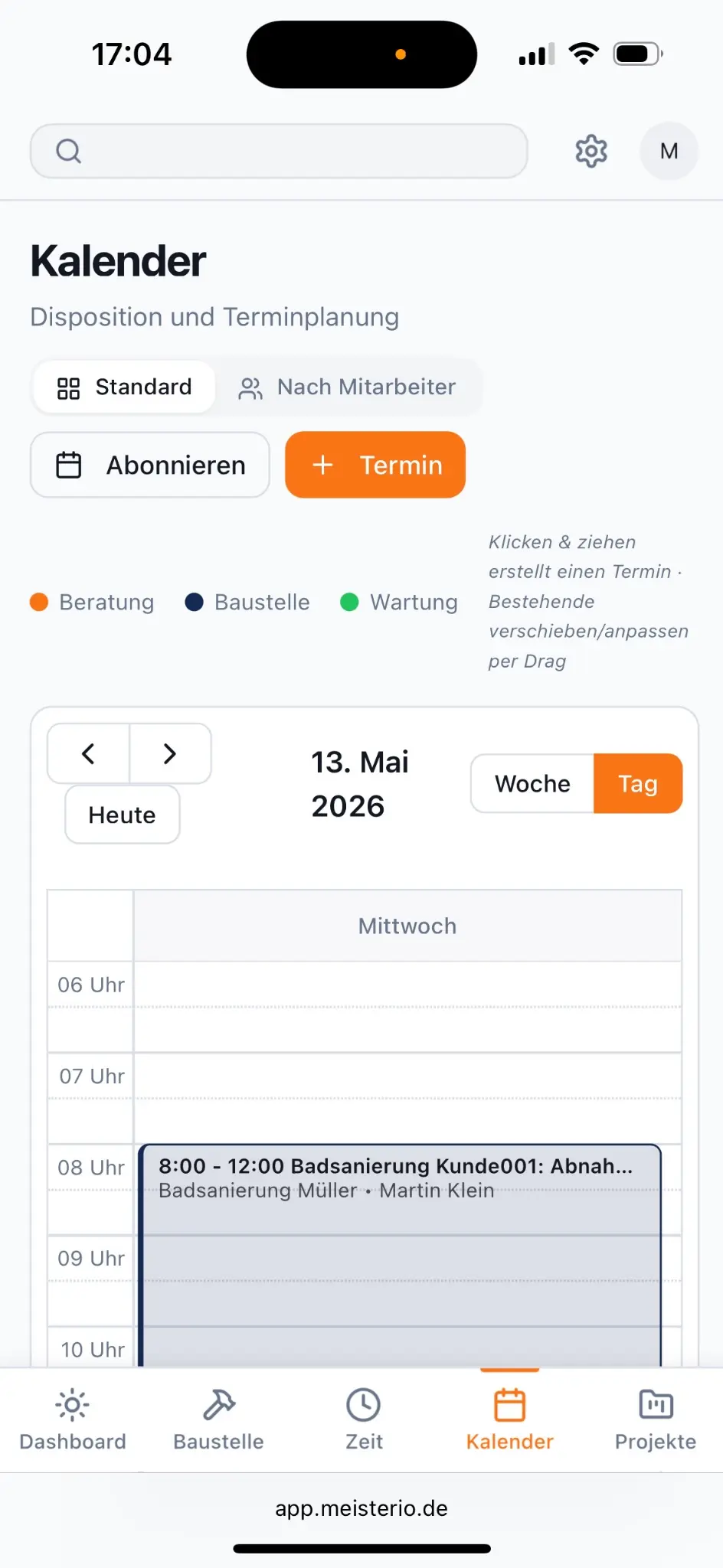 Meisterio Terminplanung in der App – Termine und Baustellen mobil planen