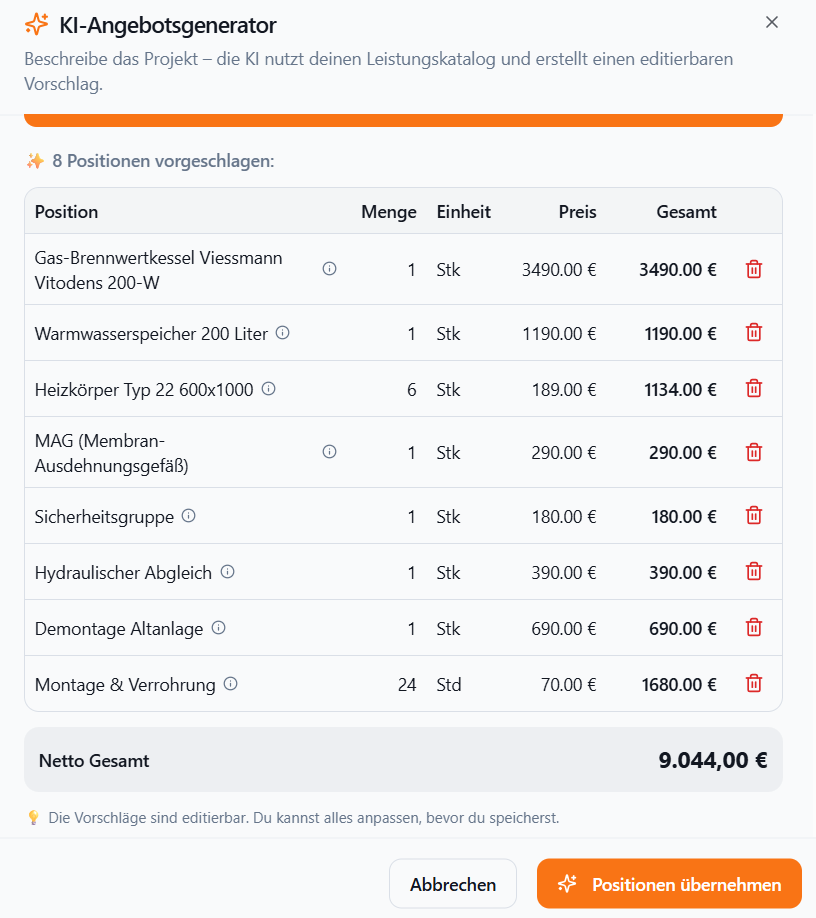Meisterio KI-Angebotsgenerator – Heizungsangebot in 3 Minuten