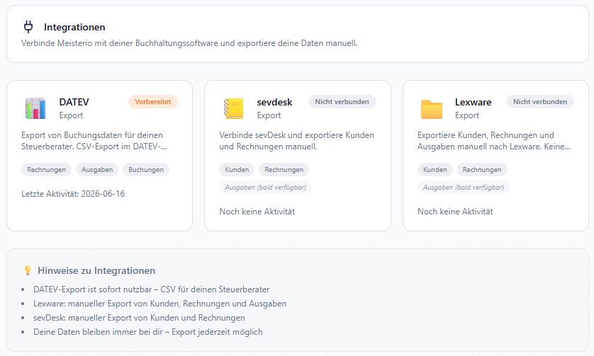 Meisterio DATEV und Lexoffice Integration