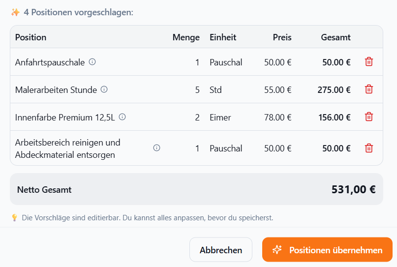 KI-Angebotsgenerator Maler – 4 Positionen vorgeschlagen