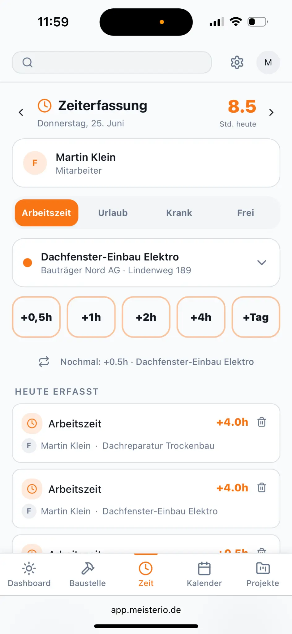 Meisterio mobile Zeiterfassung – Fensterbauer Software