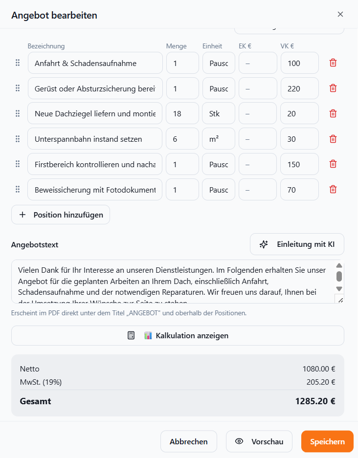 Meisterio Angebotseditor – Angebot bearbeiten mit Positionen und Preisen