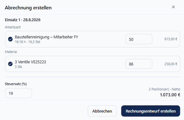 Abrechnungsdialog in Meisterio mit Arbeitszeit, Material und Rechnungsentwurf