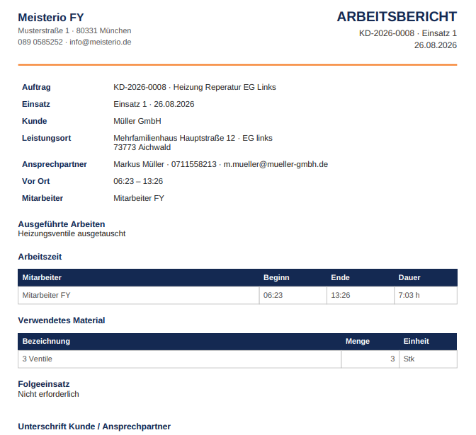 Arbeitsbericht aus Meisterio mit Arbeitszeit, Material und Unterschriftsfeld