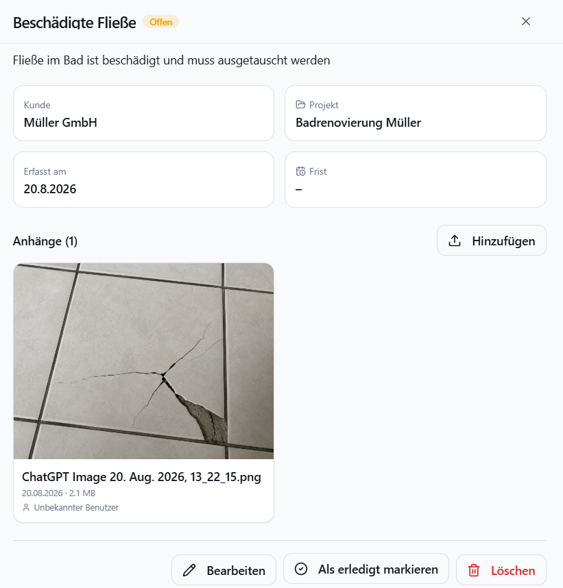 Meisterio Mängeldokumentation – Mangel mit Status, Kunde, Projekt, Frist und Foto als Nachweis