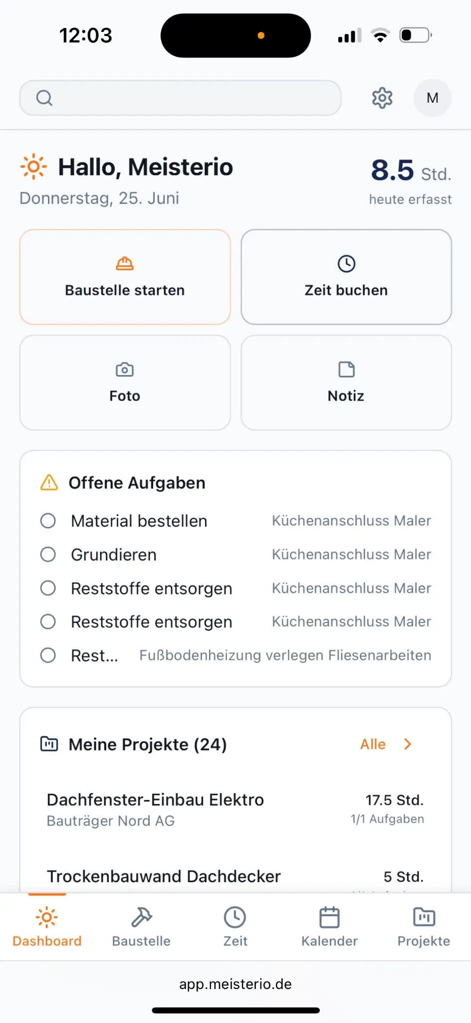 Meisterio App – Mitarbeiter Dashboard auf dem Smartphone