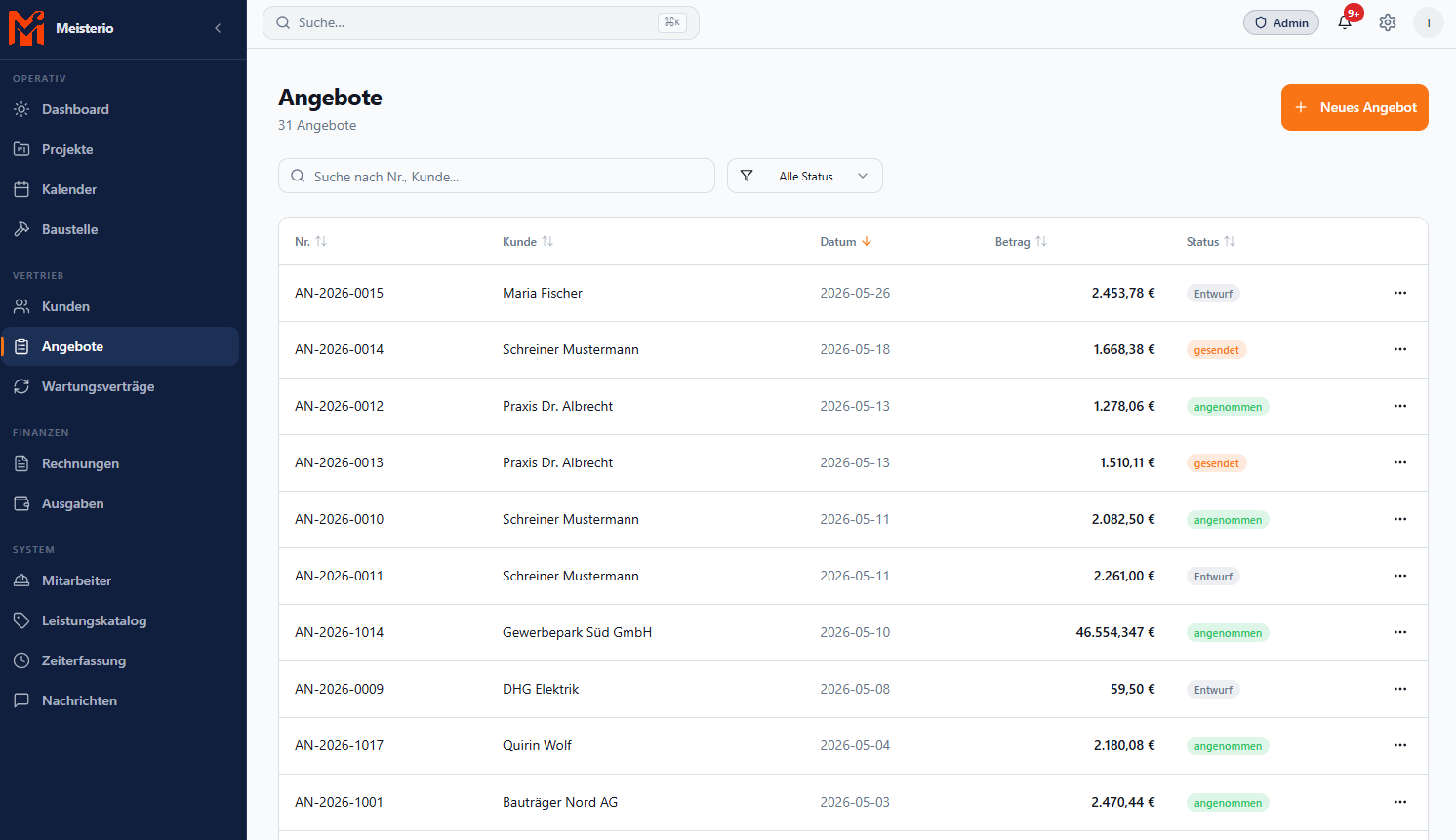 Meisterio Angebote – Angebotssoftware für Handwerksbetriebe