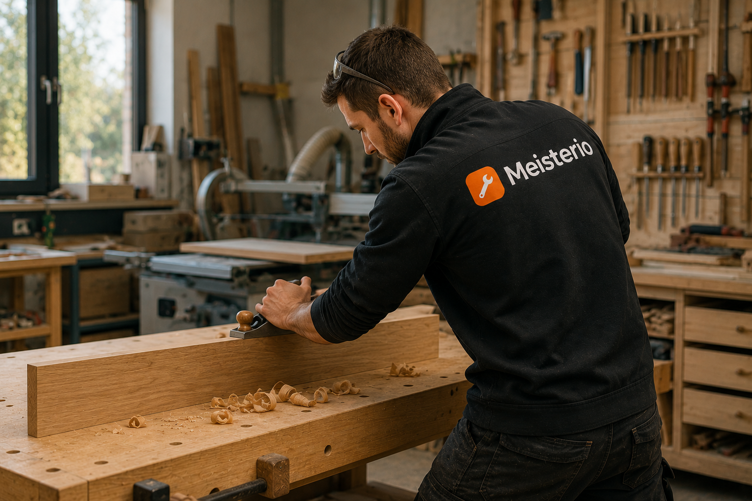 Schreiner hobelt Holz mit Meisterio Logo auf der Jacke